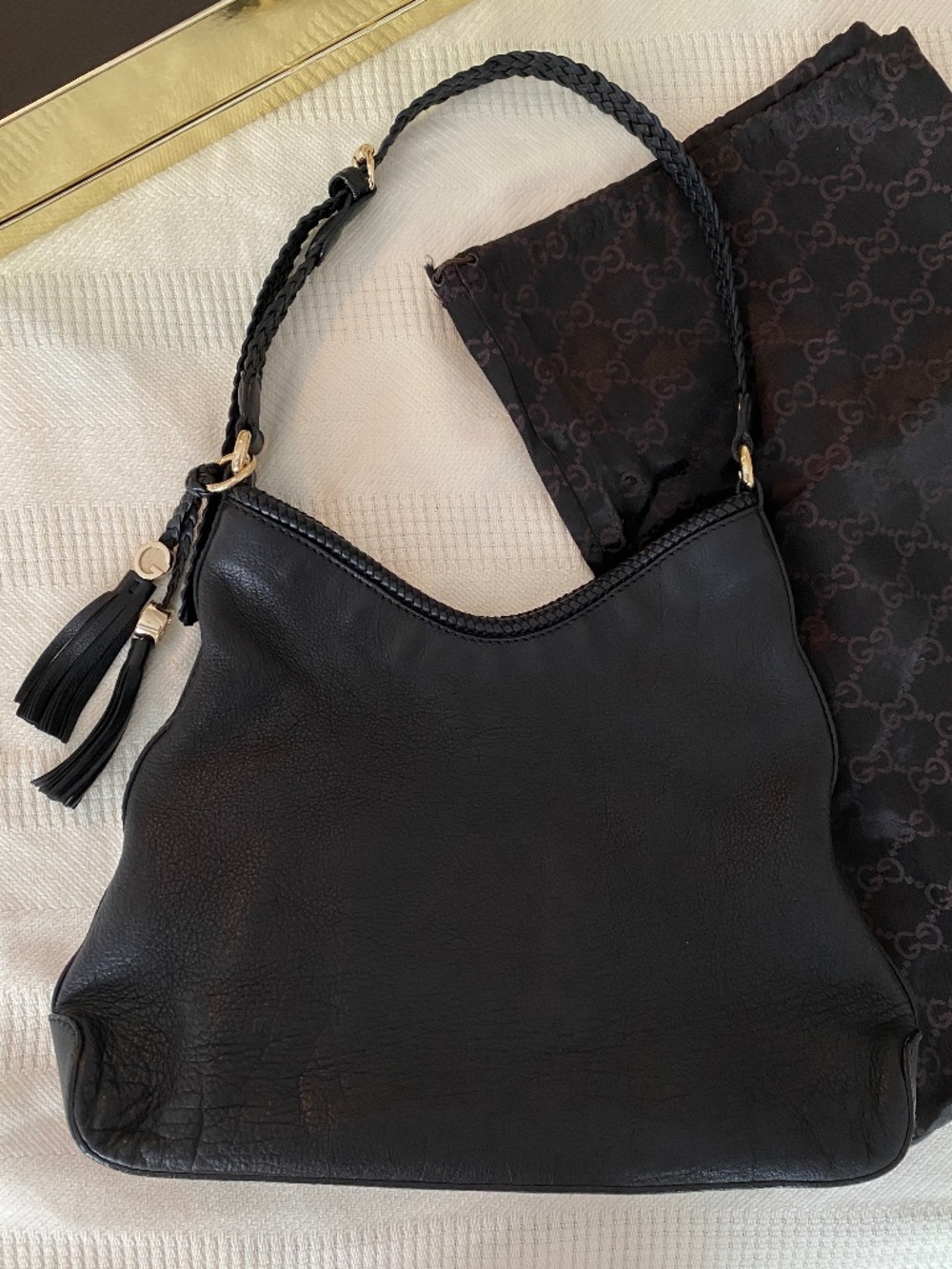 Authentic Gucci Marrakech Shoulder Bag & Dust Bag Boho Black Braid Strap Tassel